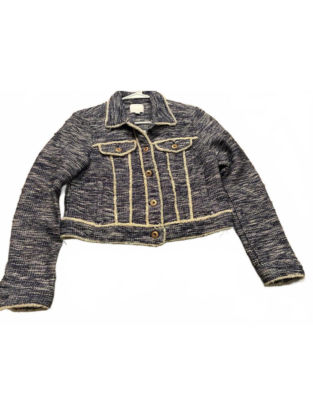 Ett:twa by Anthropologie blue and cream tweed cropped jacket